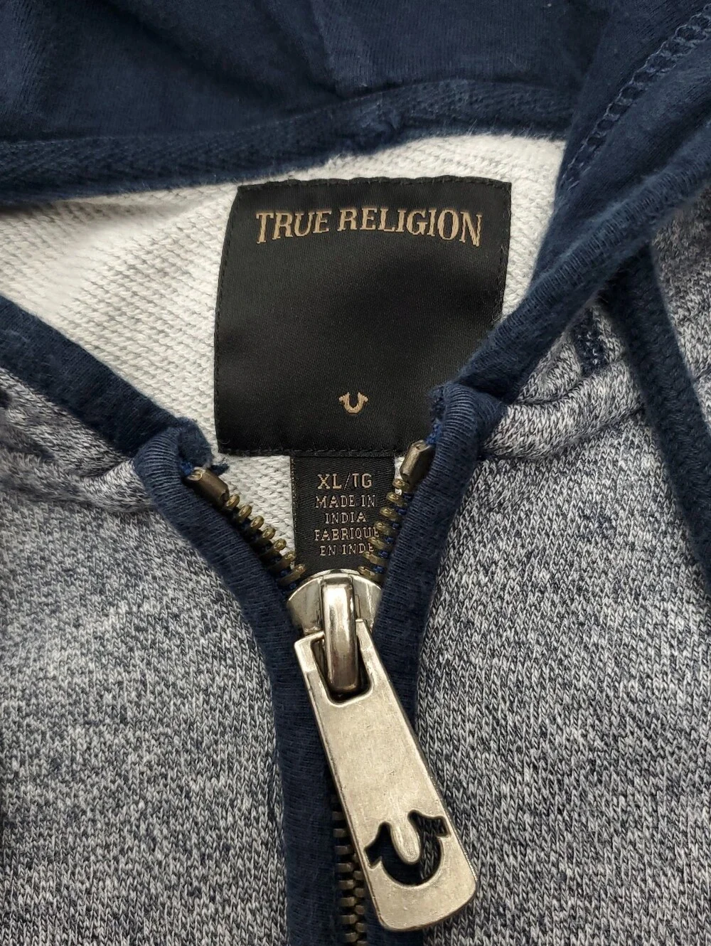 True Religion Men's Heather Gray & Navy Blue Full-Zip Hoodie XL
